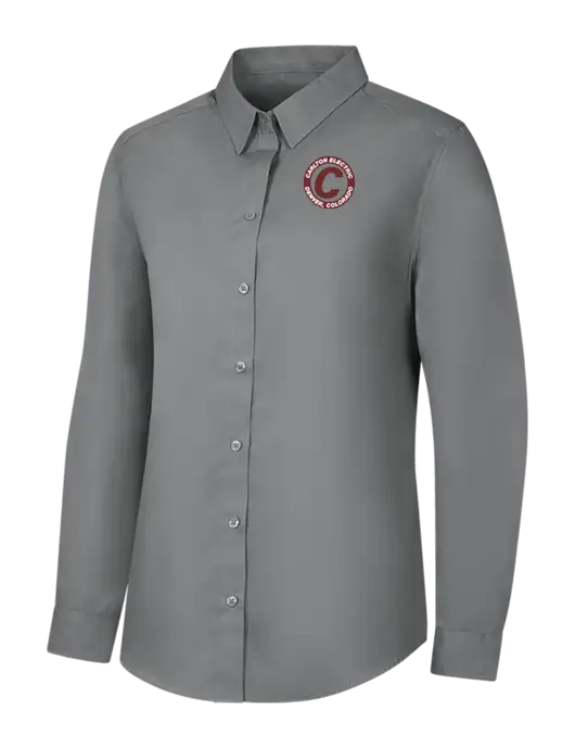 Womens Medium Grey Long Sleeve Carefree Poplin Shirt w/Carlton Electric Logo