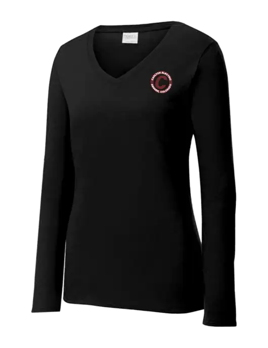 Womens V-Neck Ring Spun Jet Black 4.5 oz Long Sleeve T-Shirt w/Carlton Electric Logo