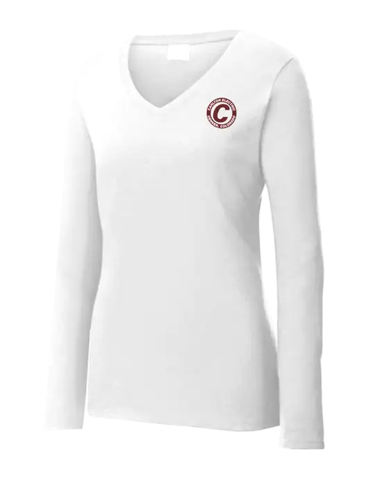 Womens  V-Neck Ring Spun White 4.5 oz Long Sleeve T-Shirt w/Carlton Electric Logo