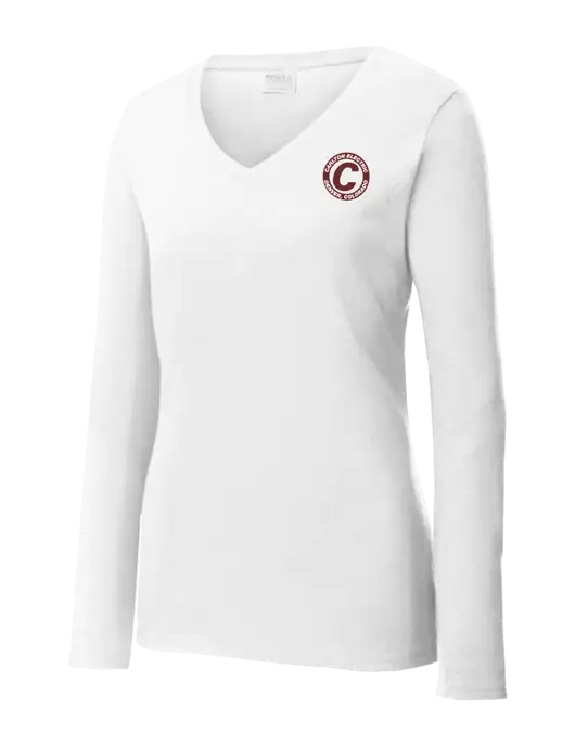 Womens  V-Neck Ring Spun White 4.5 oz Long Sleeve T-Shirt w/Carlton Electric Logo