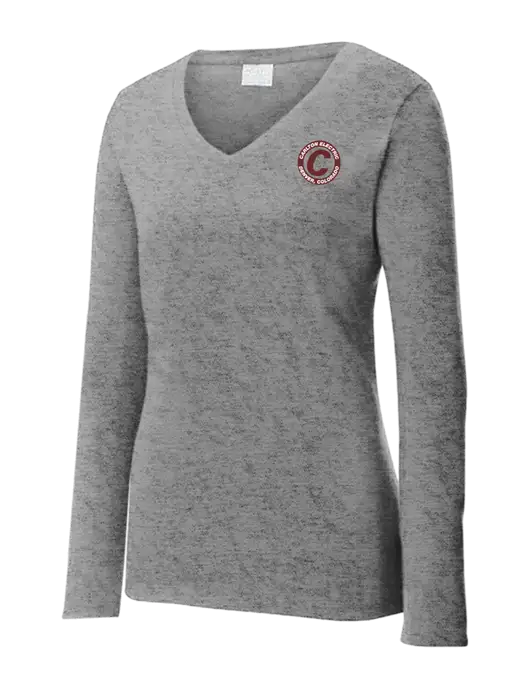 Womens  V-Neck Ring Spun Grey Heather 4.5 oz Long Sleeve T-Shirt w/Carlton Electric Logo