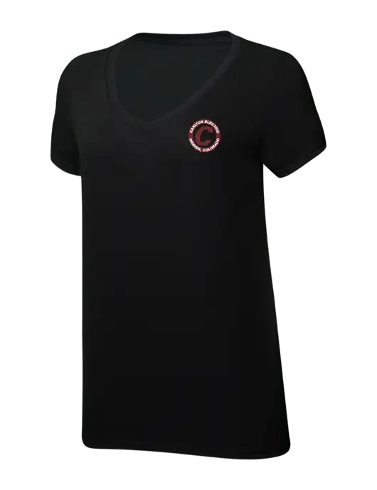 Womens Simply Soft V-Neck Black 4.5oz  Poly/Combed Ring Spun Cotton T-Shirt w/Carlton Electric Logo