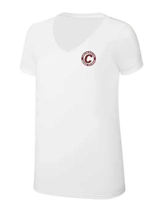 Womens Simply Soft V-Neck White 4.5oz  Poly/Combed Ring Spun Cotton T-Shirt w/Carlton Electric Logo