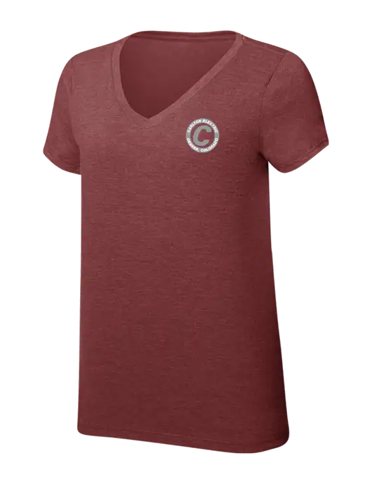Womens Simply Soft V-Neck Maroon Frost 4.5oz  Poly/Combed Ring Spun Cotton T-Shirt w/Carlton Electric Logo