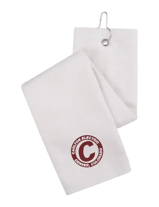 White Tri-Fold Golf Towel with Grommet w/Carlton Electric Logo