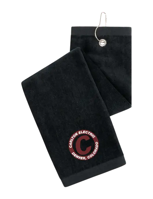 Black Tri-Fold Golf Towel with Grommet w/Carlton Electric Logo