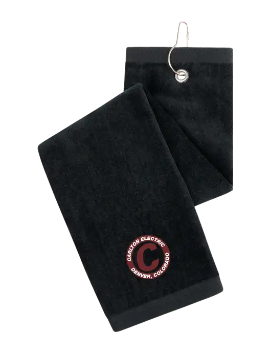 Black Tri-Fold Golf Towel with Grommet w/Carlton Electric Logo