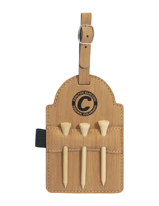 Bamboo Leatherette Golf Bag Tag with 3 Wooden Tees w/Carlton Electric Logo