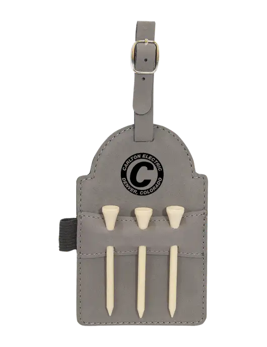 Grey Leatherette Golf Bag Tag with 3 Wooden Tees w/Carlton Electric Logo