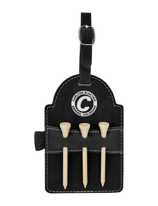 Black Leatherette Golf Bag Tag with 3 Wooden Tees w/Carlton Electric Logo