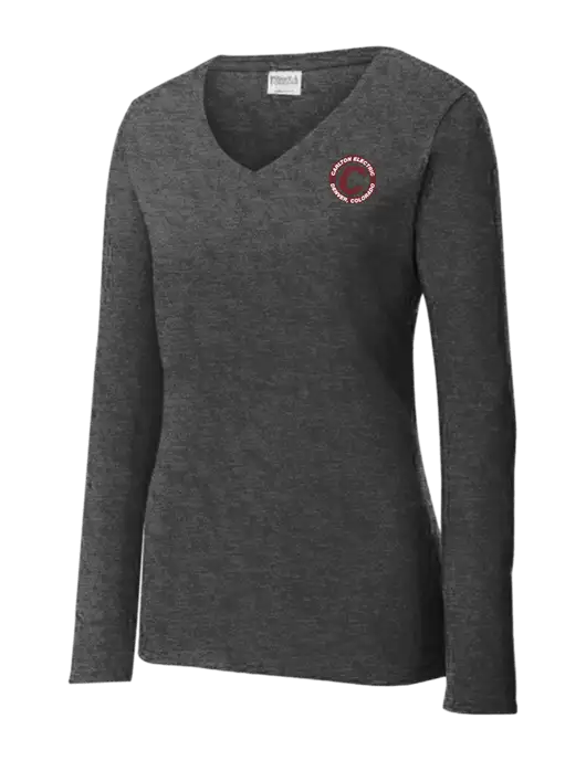 Womens  V-Neck Ring Spun Dark Heather Grey 4.5 oz Long Sleeve T-Shirt w/Carlton Electric Logo
