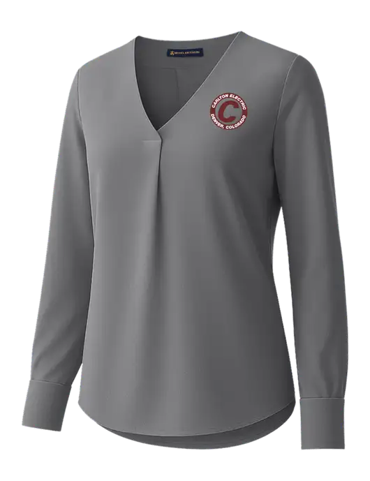 Brooks Brothers Womens Medium Grey Open-Neck Satin Blouse  w/Carlton Electric Logo