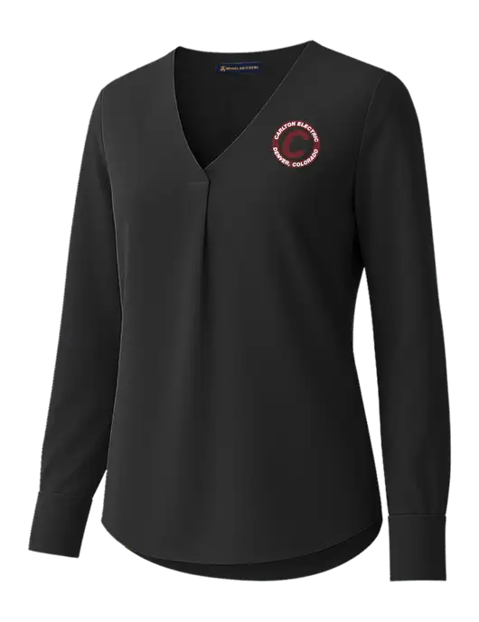 Brooks Brothers Womens Black Open-Neck Satin Blouse  w/Carlton Electric Logo