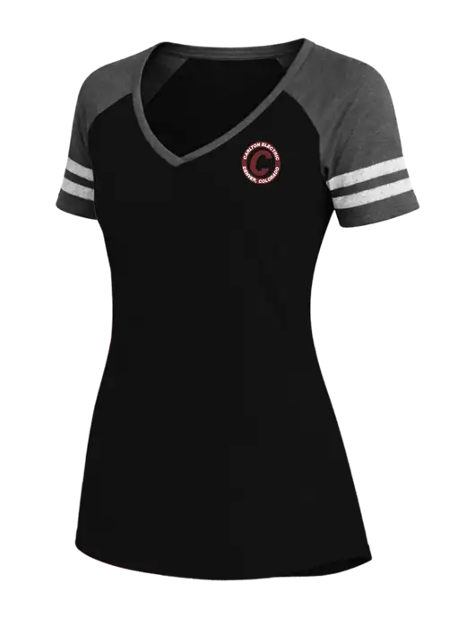 Womens Black/Charcoal Heather V-Neck Game Tee w/Carlton Electric Logo