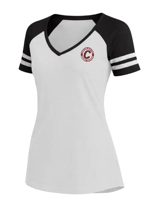 Womens White/Black V-Neck Game Tee w/Carlton Electric Logo