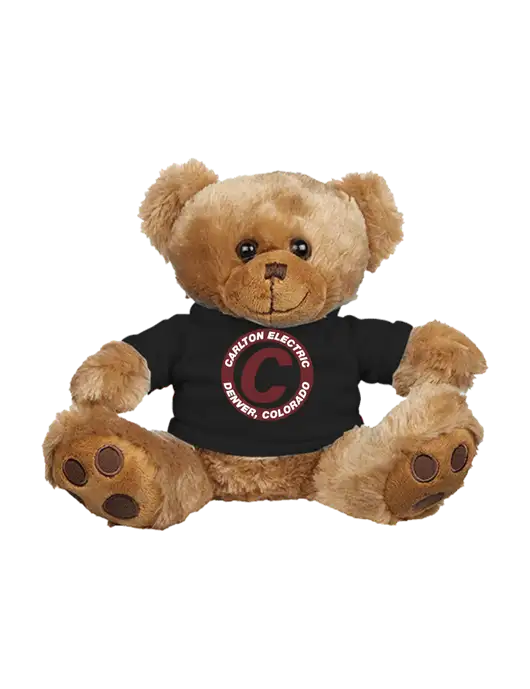 8 1/2 Cuddly Brown Bear With Black T-Shirt w/Carlton Electric Logo