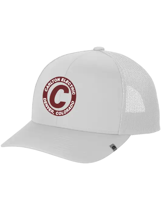 TravisMathew White Cruz Trucker Cap w/Carlton Electric Logo