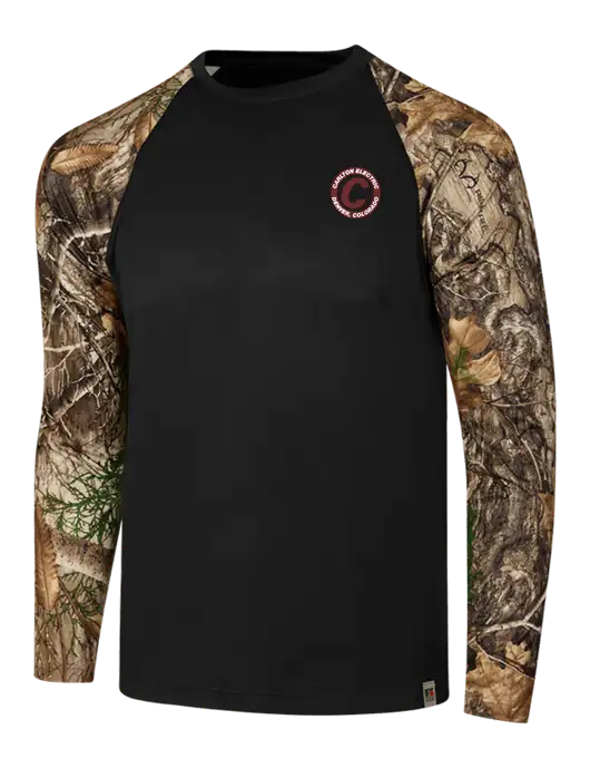 Russell Outdoors Black/Realtree Edge Camo Colorblock Performance Long Sleeve T-Shirt w/Carlton Electric Logo