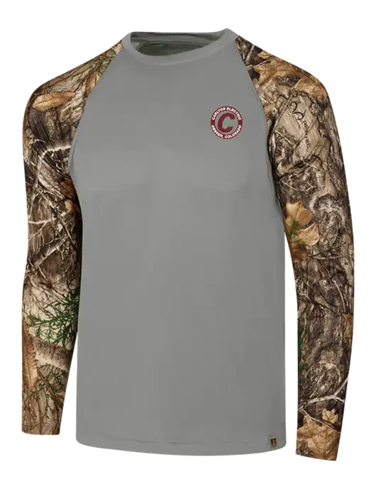 Russell Outdoors Medium Grey/Realtree Edge Camo Colorblock Performance Long Sleeve T-Shirt w/Carlton Electric Logo