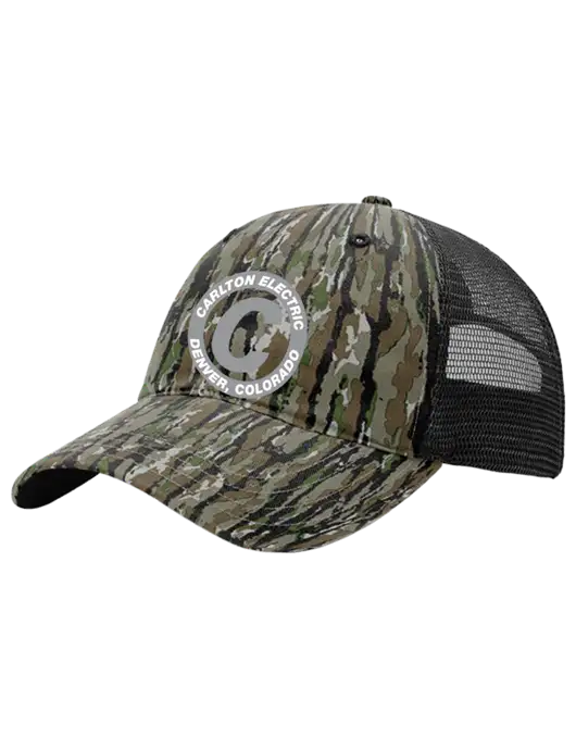 Richardson 111P Garment Washed Printed Hunter Camo/Black Trucker Cap w/Carlton Electric Logo