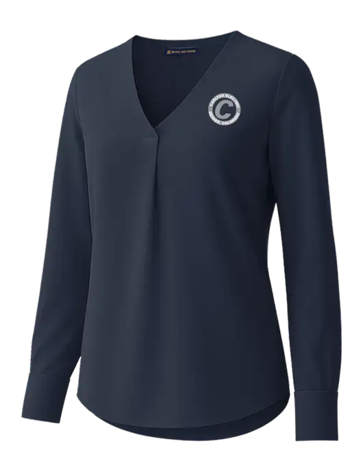 Brooks Brothers Womens Dark Navy Open-Neck Satin Blouse  w/Carlton Electric Logo