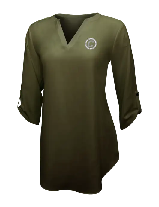 Womens Dark Olive 3/4 Sleeve Tunic Blouse w/Carlton Electric Logo