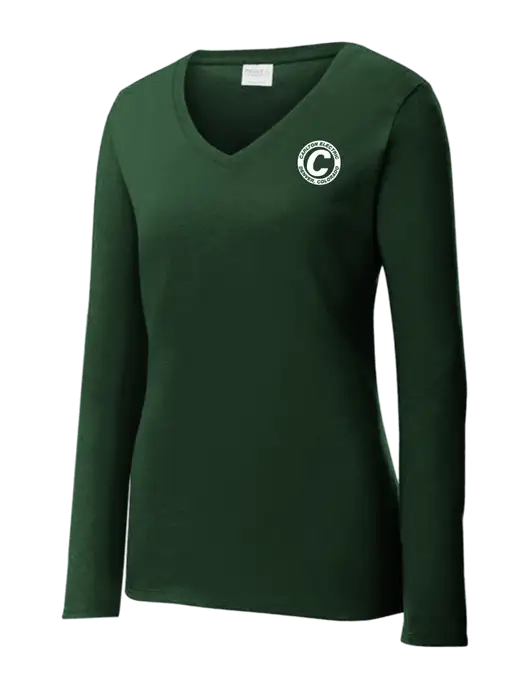 Womens  V-Neck Ring Spun Forest Green 4.5 oz Long Sleeve T-Shirt w/Carlton Electric Logo