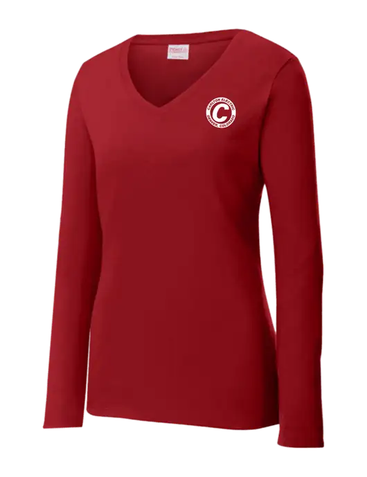Womens V-Neck Ring Spun Cardinal 4.5 oz Long Sleeve T-Shirt w/Carlton Electric Logo
