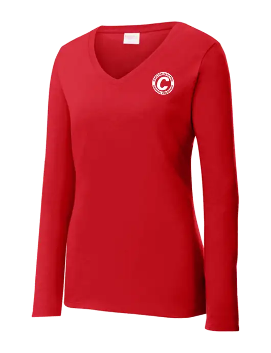 Womens  V-Neck Ring Spun Bright Red 4.5 oz Long Sleeve T-Shirt w/Carlton Electric Logo