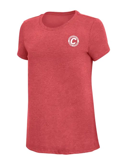 Womens Simply Soft Red Frost 4.5oz Poly/Combed Ring Spun Cotton T-Shirt w/Carlton Electric Logo