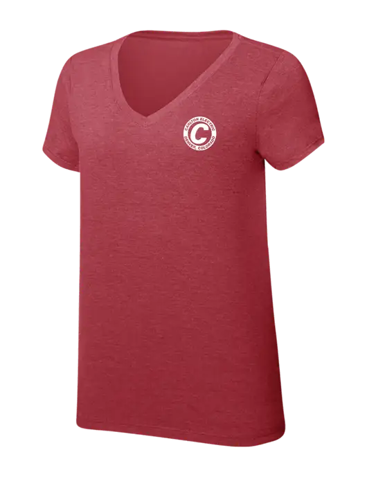 Womens Simply Soft V-Neck Red Frost 4.5oz  Poly/Combed Ring Spun Cotton T-Shirt w/Carlton Electric Logo