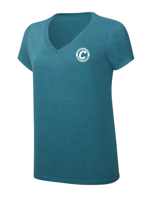 Womens Simply Soft V-Neck Heather Teal 4.5oz  Poly/Combed Ring Spun Cotton T-Shirt w/Carlton Electric Logo