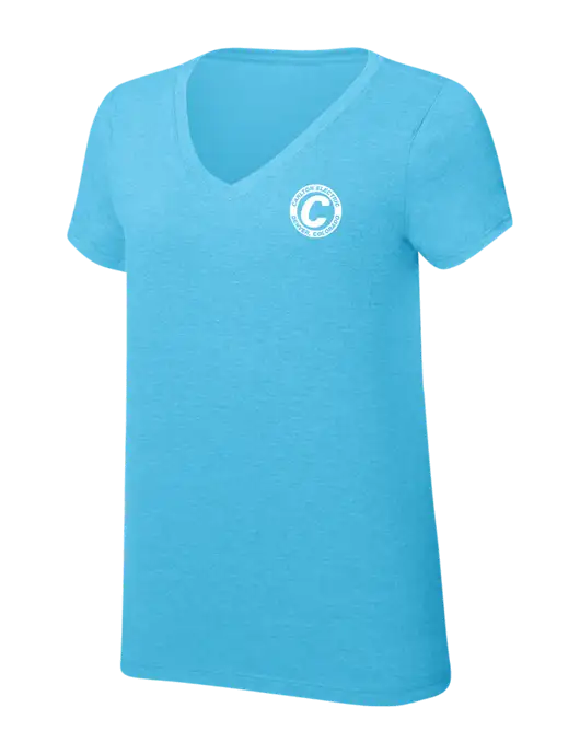 Womens Simply Soft V-Neck Turquoise Frost 4.5oz  Poly/Combed Ring Spun Cotton T-Shirt w/Carlton Electric Logo