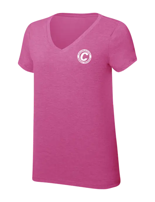 Womens Simply Soft V-Neck Fuschia Frost 4.5oz  Poly/Combed Ring Spun Cotton T-Shirt w/Carlton Electric Logo