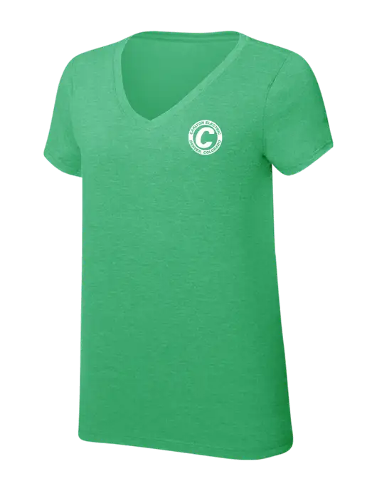 Womens Simply Soft V-Neck Green Frost 4.5oz  Poly/Combed Ring Spun Cotton T-Shirt w/Carlton Electric Logo
