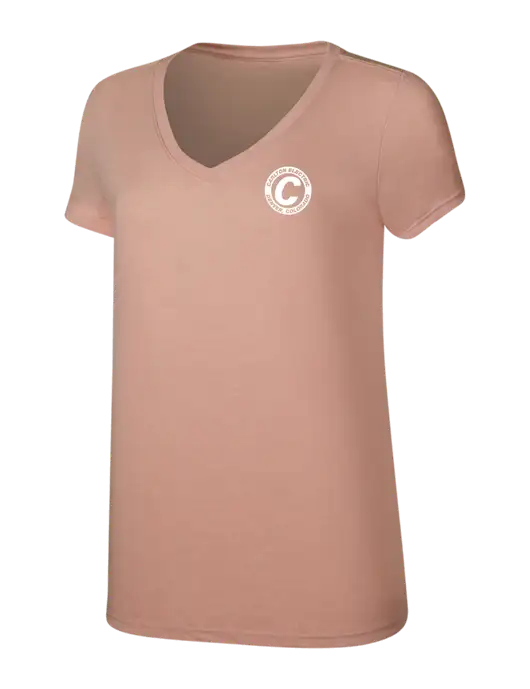 Womens Simply Soft V-Neck Heather Dusty Peach 4.5oz  Poly/Combed Ring Spun Cotton T-Shirt w/Carlton Electric Logo