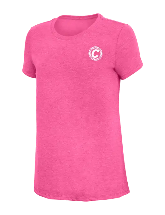 Womens Simply Soft Fuchsia Frost 4.5oz Poly/Combed Ring Spun Cotton T-Shirt w/Carlton Electric Logo