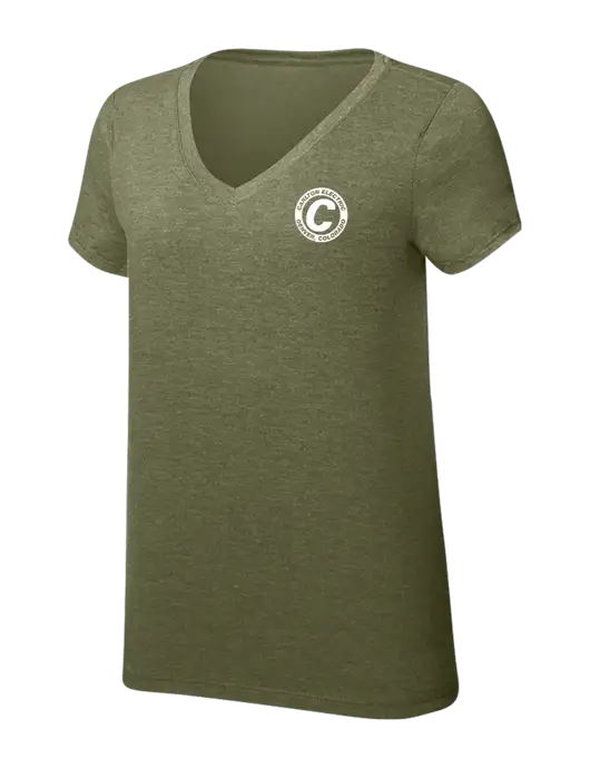Womens Simply Soft V-Neck Military Green Frost 4.5oz  Poly/Combed Ring Spun Cotton T-Shirt w/Carlton Electric Logo