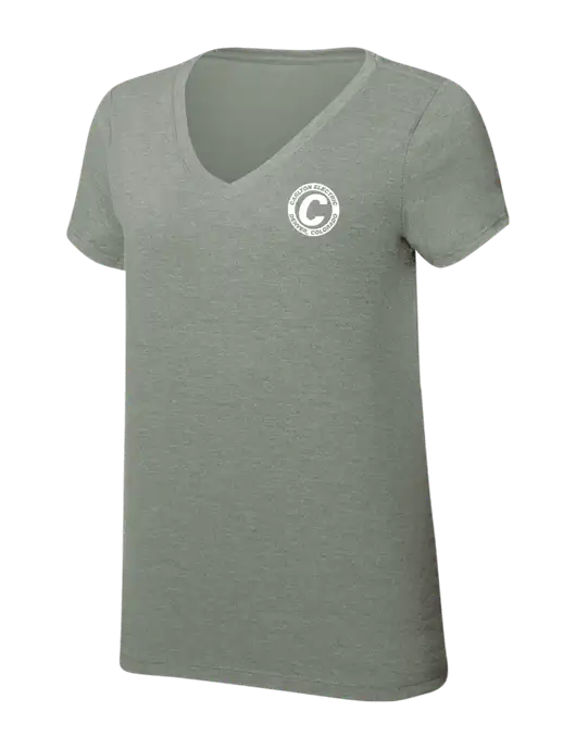 Womens Simply Soft V-Neck Heather Sage 4.5oz  Poly/Combed Ring Spun Cotton T-Shirt w/Carlton Electric Logo